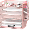 6 Tier Paper Organizer With 4 Pen Holders, Mesh Desk Letter Tray With Handle, File Organizer for A4 Folder, Rose Pink