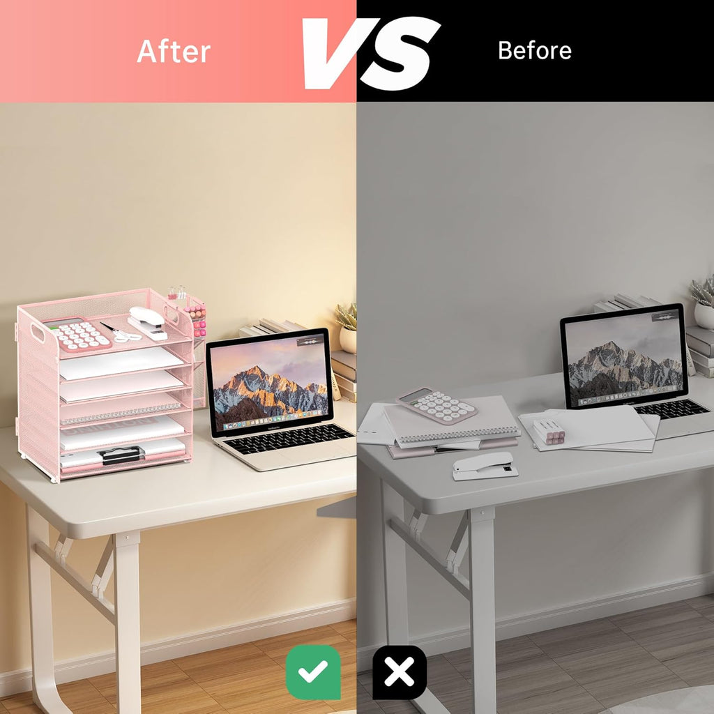 6 Tier Paper Organizer With 4 Pen Holders, Mesh Desk Letter Tray With Handle, File Organizer for A4 Folder, Rose Pink