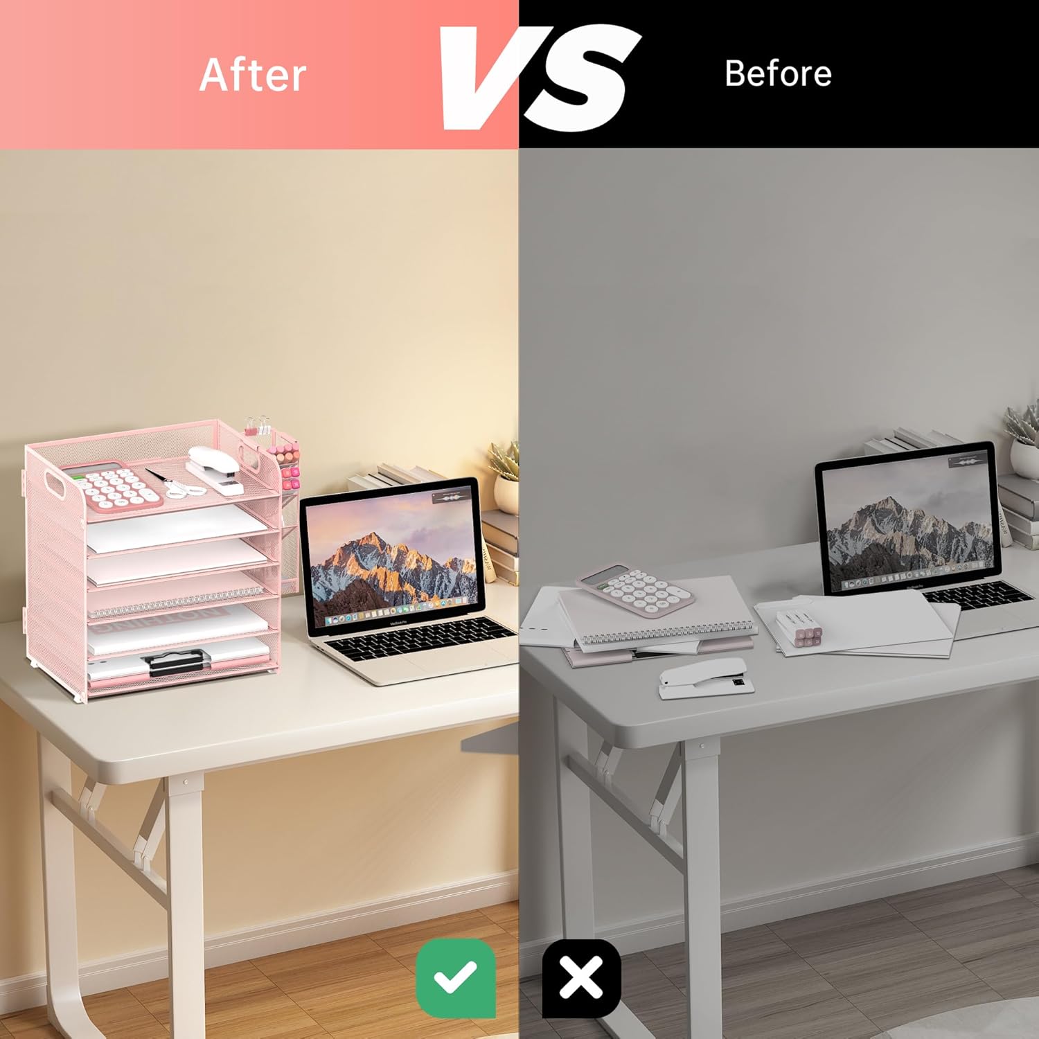 6 Tier Paper Organizer With 4 Pen Holders, Mesh Desk Letter Tray With Handle, File Organizer for A4 Folder, Rose Pink