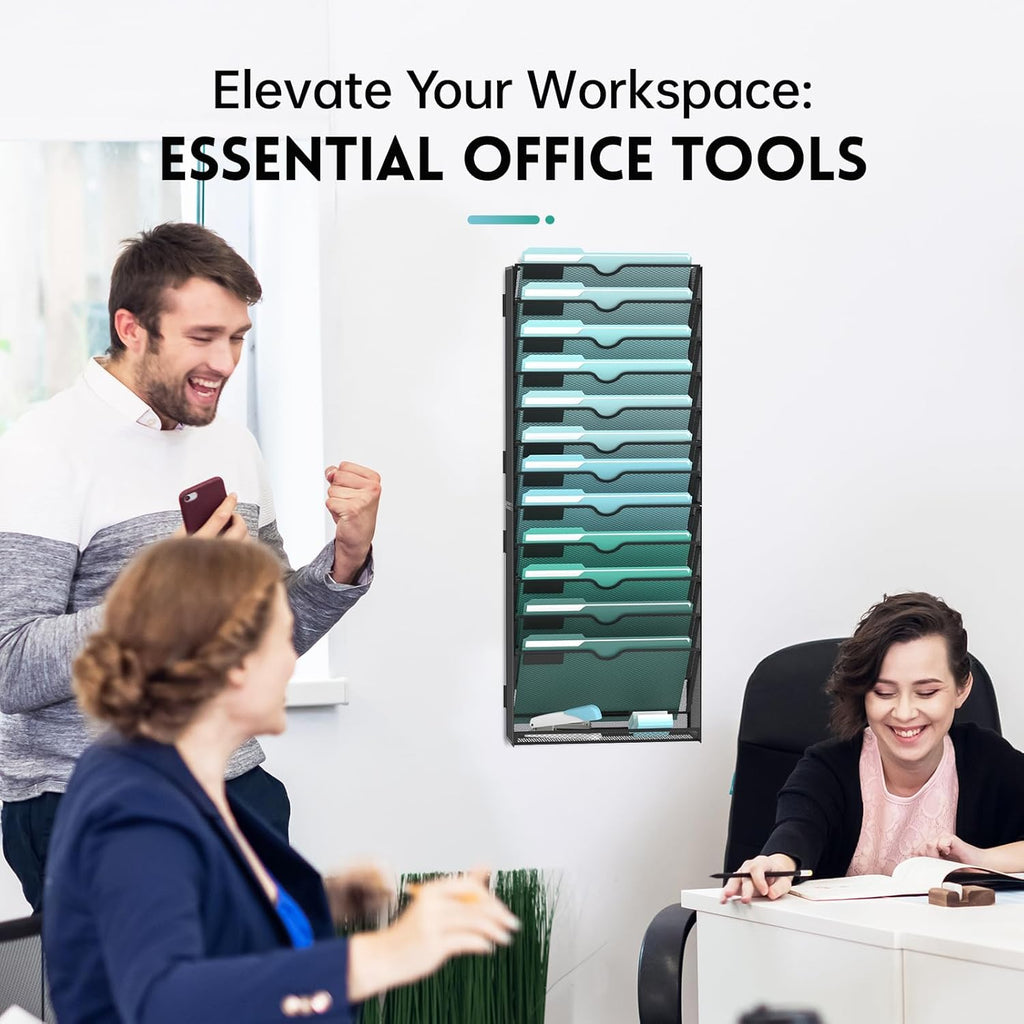 13-Tier Wall File Organizer, Hanging Wall Files for Papers, Folders, Magazines, Wall Organizer for Clipboard, Assembly Needed, Black, 2 Pack