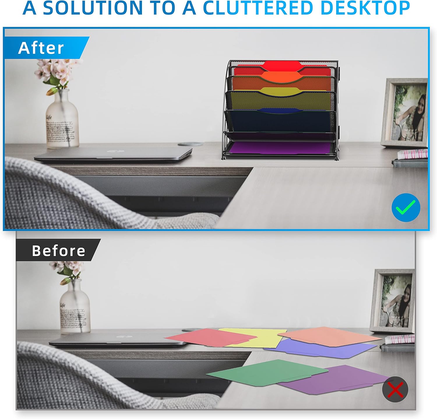 Fan Shaped Desk File Organizer, 6 Compartments for Filing Paper Bills, Letters, Desk Accessories for Workspace, School, Office, Waiting Room, Classroom Storage, Black