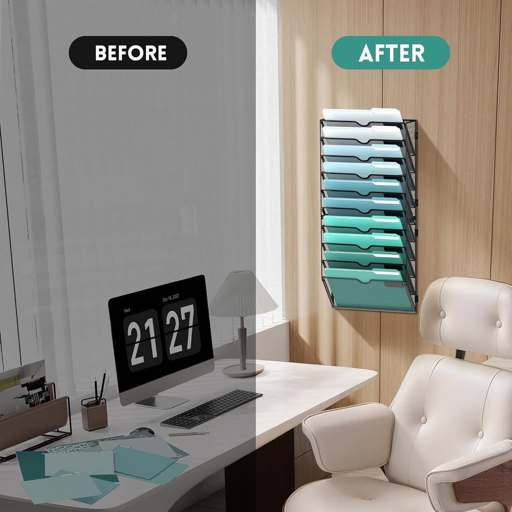 10-Tier Wall File Organizer, Hanging Wall Files for Papers, Folders, Magazines, Wall Organizer for Clipboard, Assembly Needed, Black