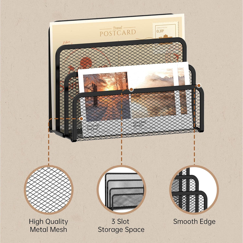 Mail Organizer for Desk, Mesh Metal Mail Holder Countertop with 3-Slot, Letter Sorter File Holder, Office Envelope Organizer for Mails (Black)