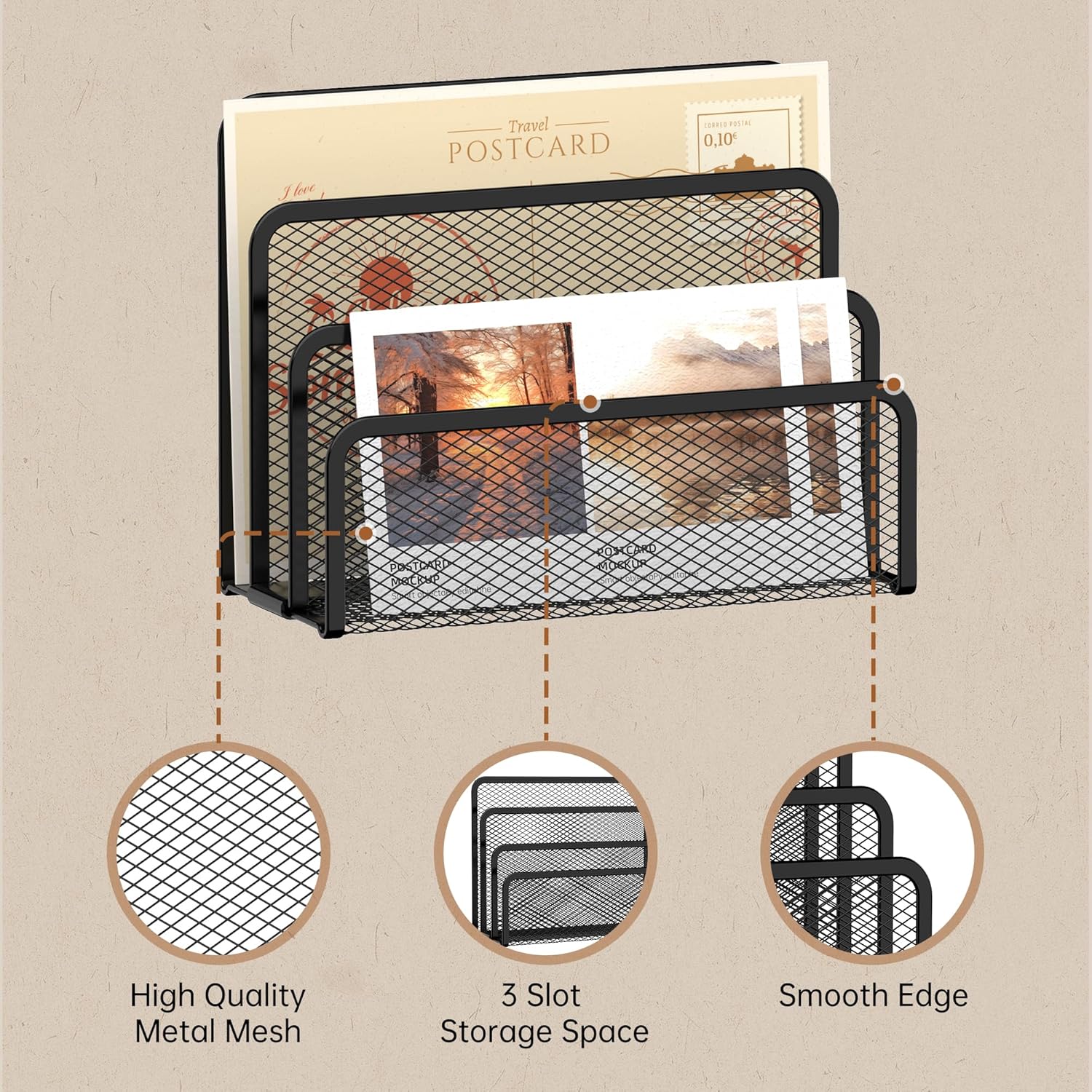 Mail Organizer for Desk, Mesh Metal Mail Holder Countertop with 3-Slot, Letter Sorter File Holder, Office Envelope Organizer for Mails (Black)