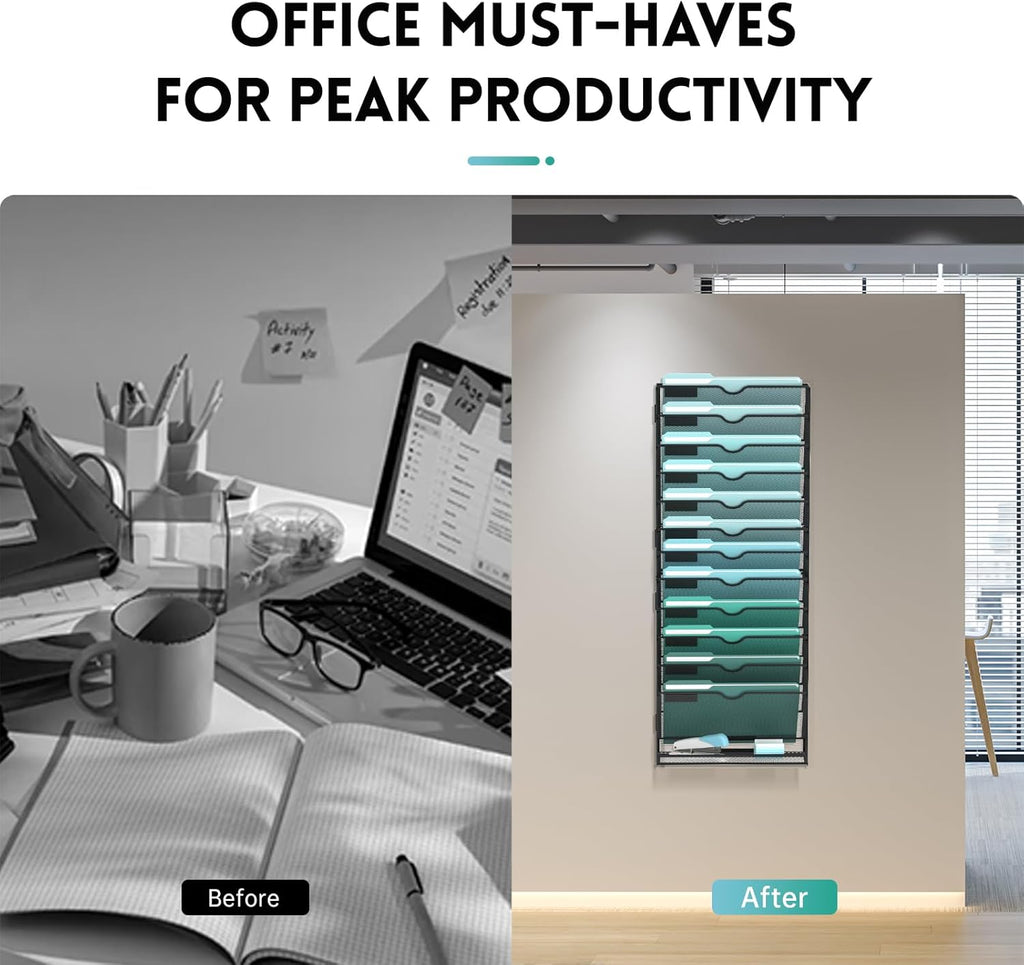 13-Tier Wall File Organizer, Hanging Wall Files for Papers, Folders, Magazines, Wall Organizer for Clipboard, Assembly Needed, Black, 2 Pack