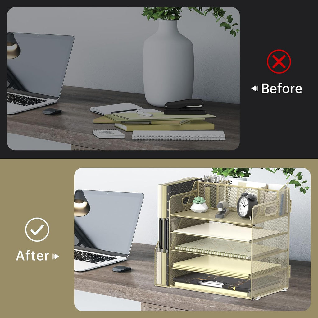 Desk Organizer with File Holder, 5 Tier Desktop File Organizer with 3 Pen Holders, Paper Letter Tray for Office Home Organization &amp; Storage, Mesh Desk Accessories &amp; Supplies, Golden Yellow