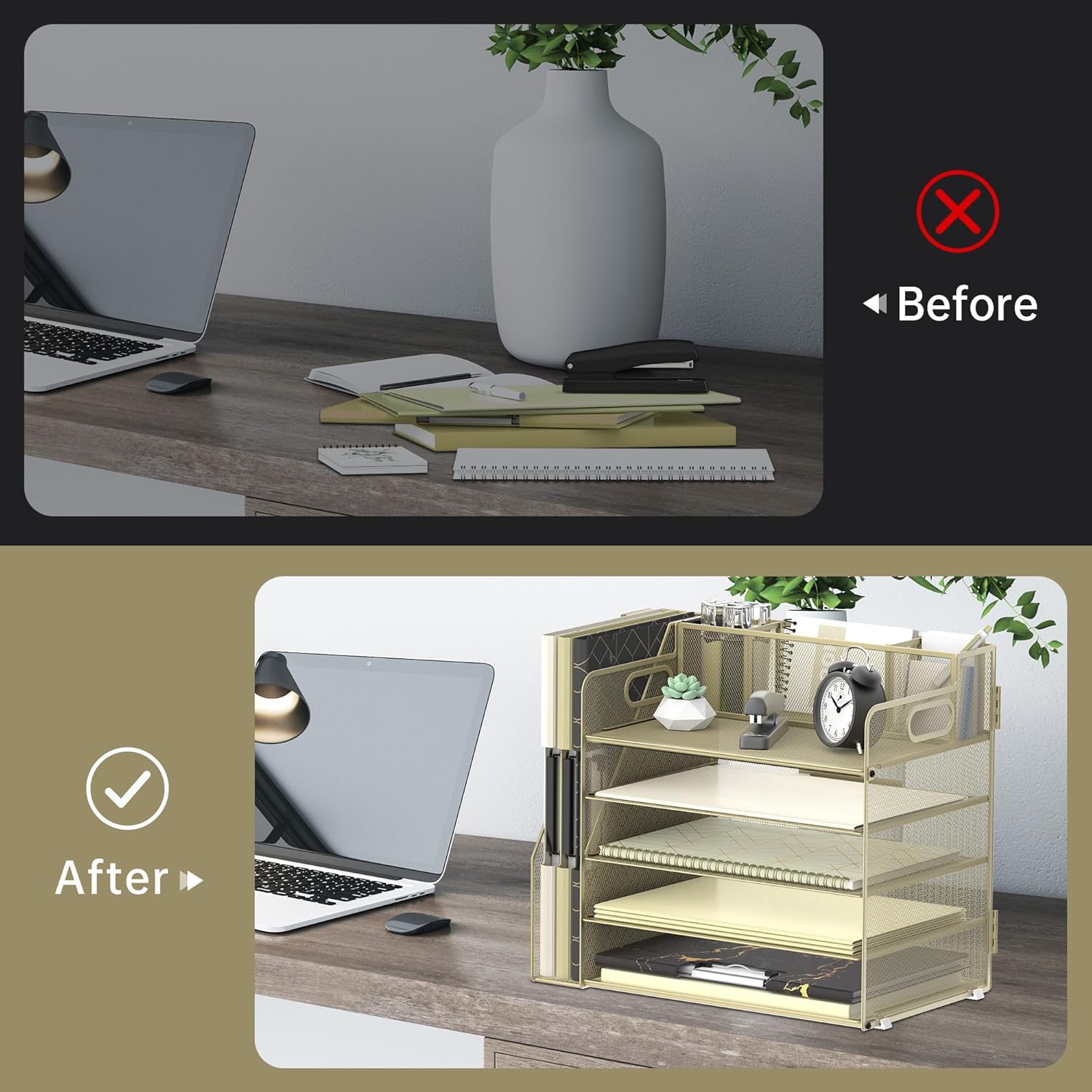 Desk Organizer with File Holder, 5 Tier Desktop File Organizer with 3 Pen Holders, Paper Letter Tray for Office Home Organization &amp; Storage, Mesh Desk Accessories &amp; Supplies, Golden Yellow