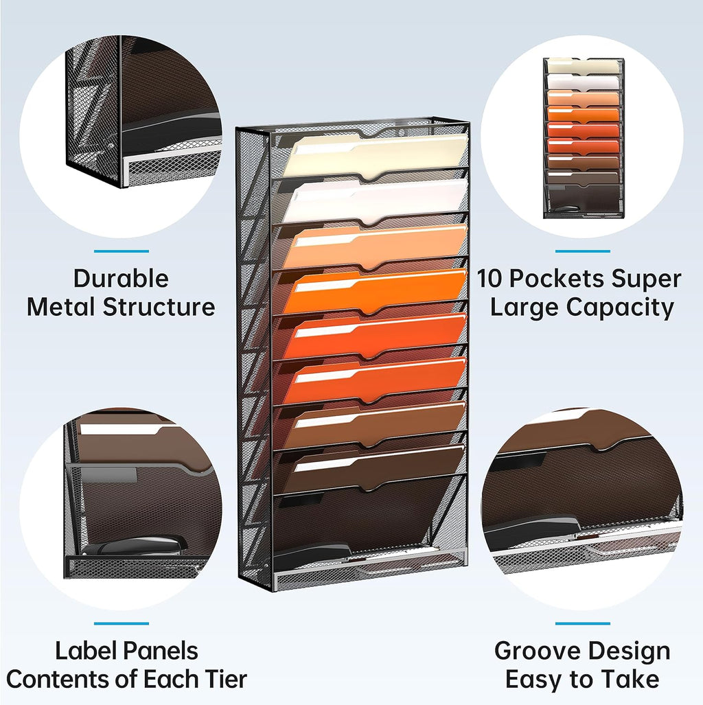 10-Tier Hanging Wall File Holder Organizer for Papers, Folders, Files Clipboard &amp; Magazine Organization Great for Office Home, Black 2 Pack