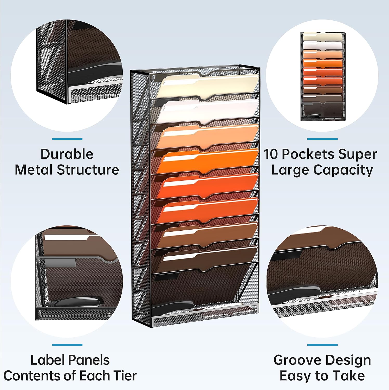 10-Tier Hanging Wall File Holder Organizer for Papers, Folders, Files Clipboard &amp; Magazine Organization Great for Office Home, Black 2 Pack