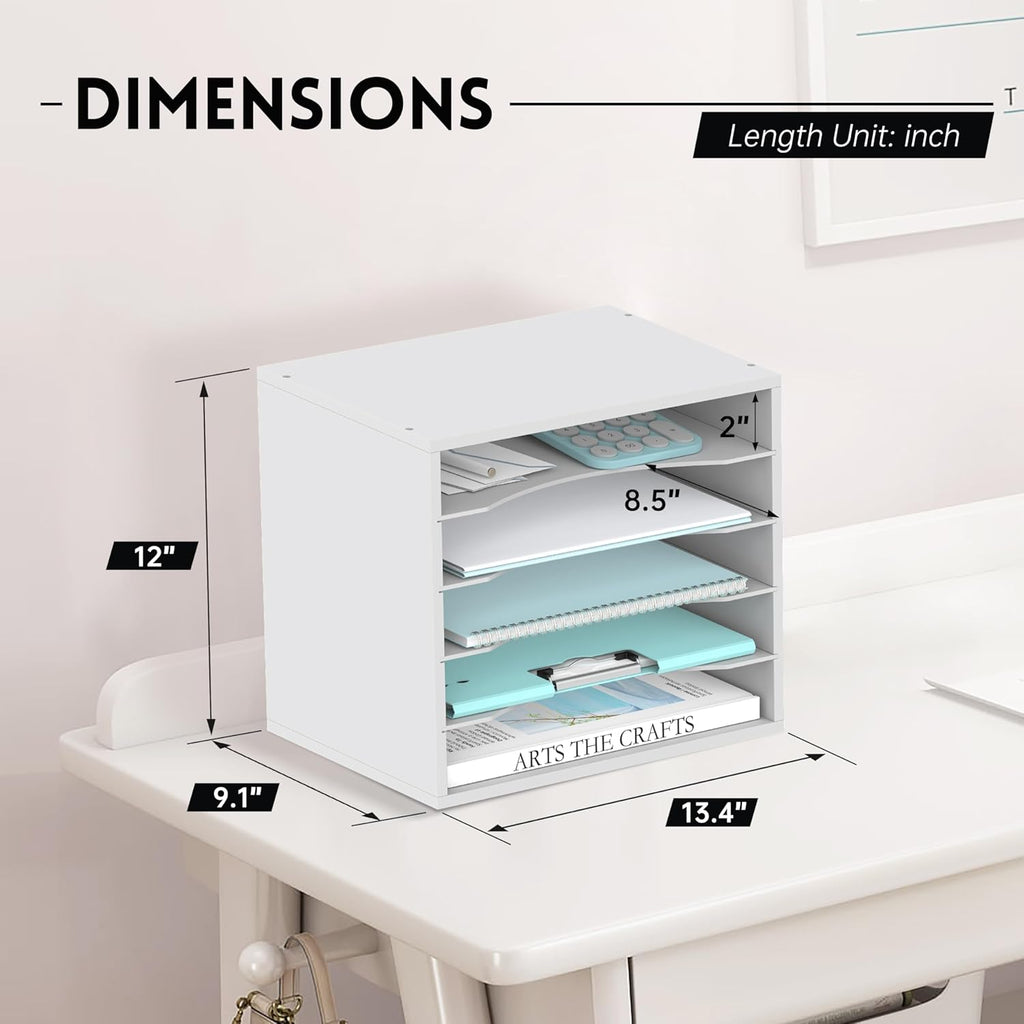 Wood Desk Organizer, 5 Tier Paper File Organizer for Desk, Wooden Desktop Organizer, Paper Letter Literature Mail Sorter, for Office School &amp; Home Organization, White