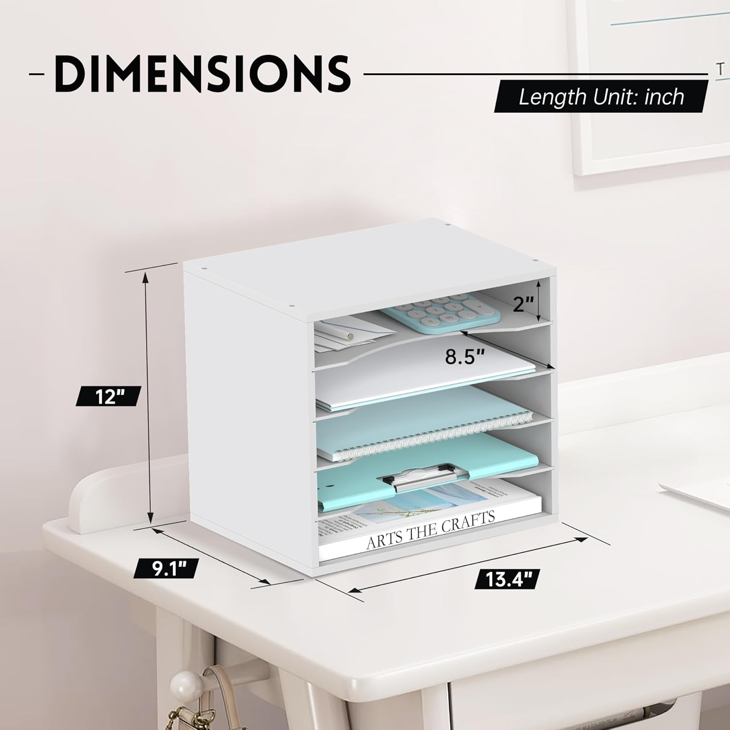 Wood Desk Organizer, 5 Tier Paper File Organizer for Desk, Wooden Desktop Organizer, Paper Letter Literature Mail Sorter, for Office School &amp; Home Organization, White