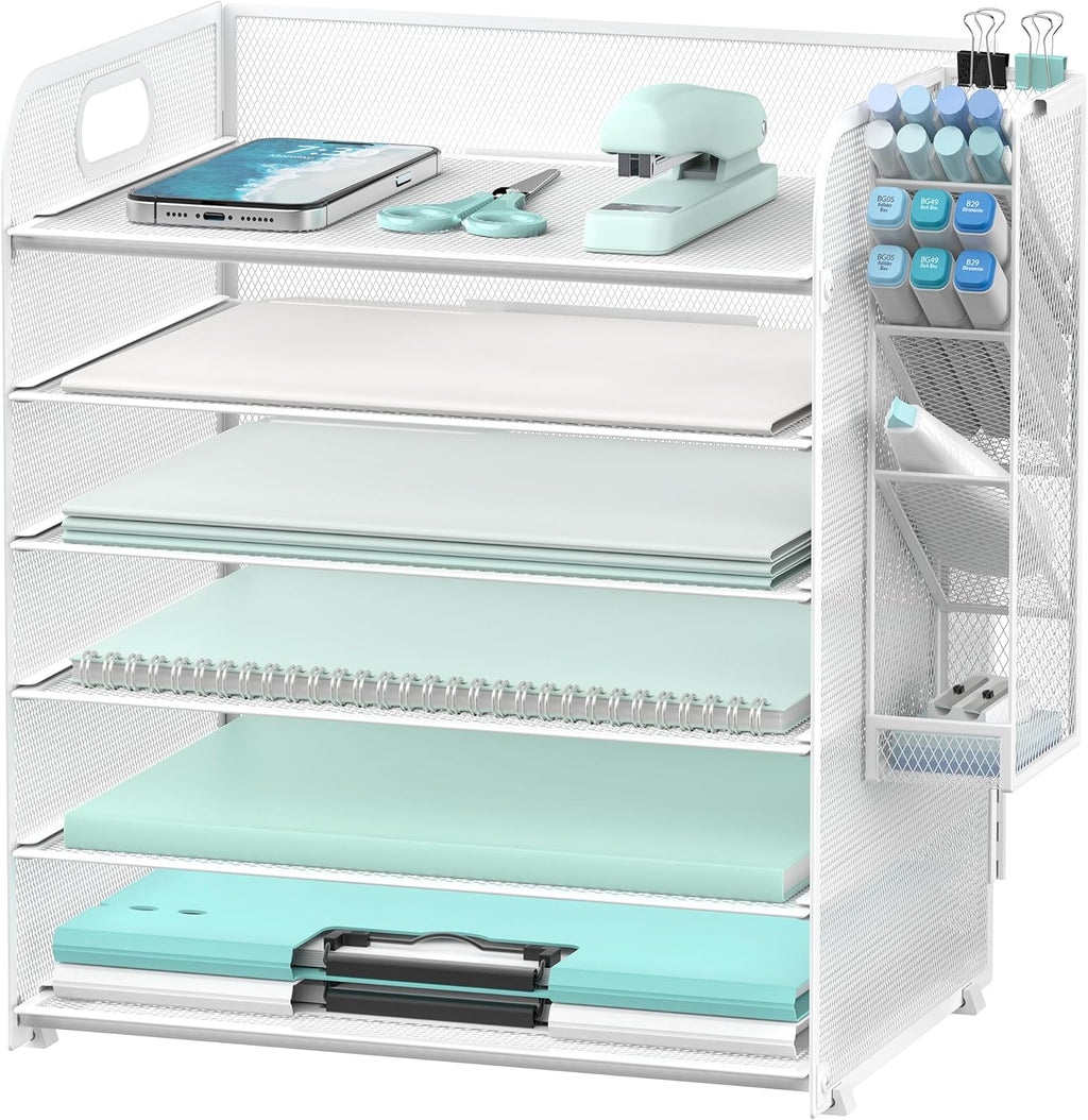 6 Tier Paper Organizer with 4 Pen Holders, Mesh Letter Tray with Handle, Paper Tray Organizer for A4 Files, White