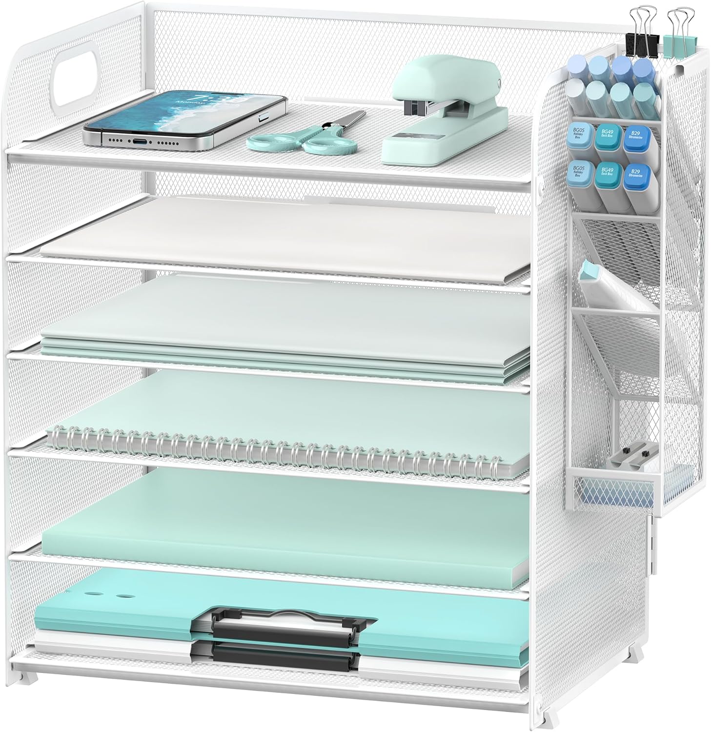 6 Tier Paper Organizer with 4 Pen Holders, Mesh Letter Tray with Handle, Paper Tray Organizer for A4 Files, White