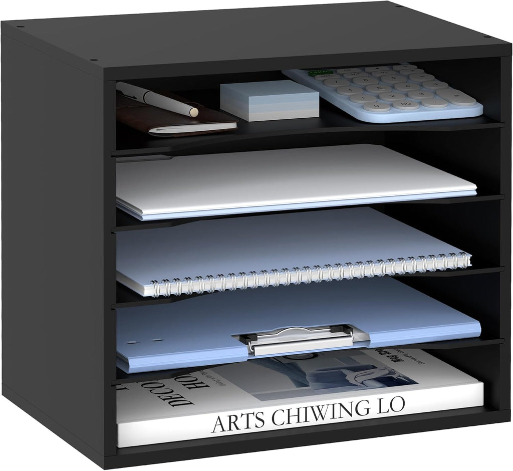 Wood Desk Organizer, 5 Tier Paper File Organizer for Desk, Wooden Desktop Organizer, Paper Letter Literature Mail Sorter, for Office School &amp; Home Organization, Black
