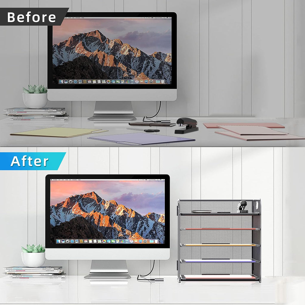 5 Trays Paper Organizer Letter Tray with Handle-Mesh Desk File Organizer, Grey Paper Sorter Desk Organizer for Office, Home or School