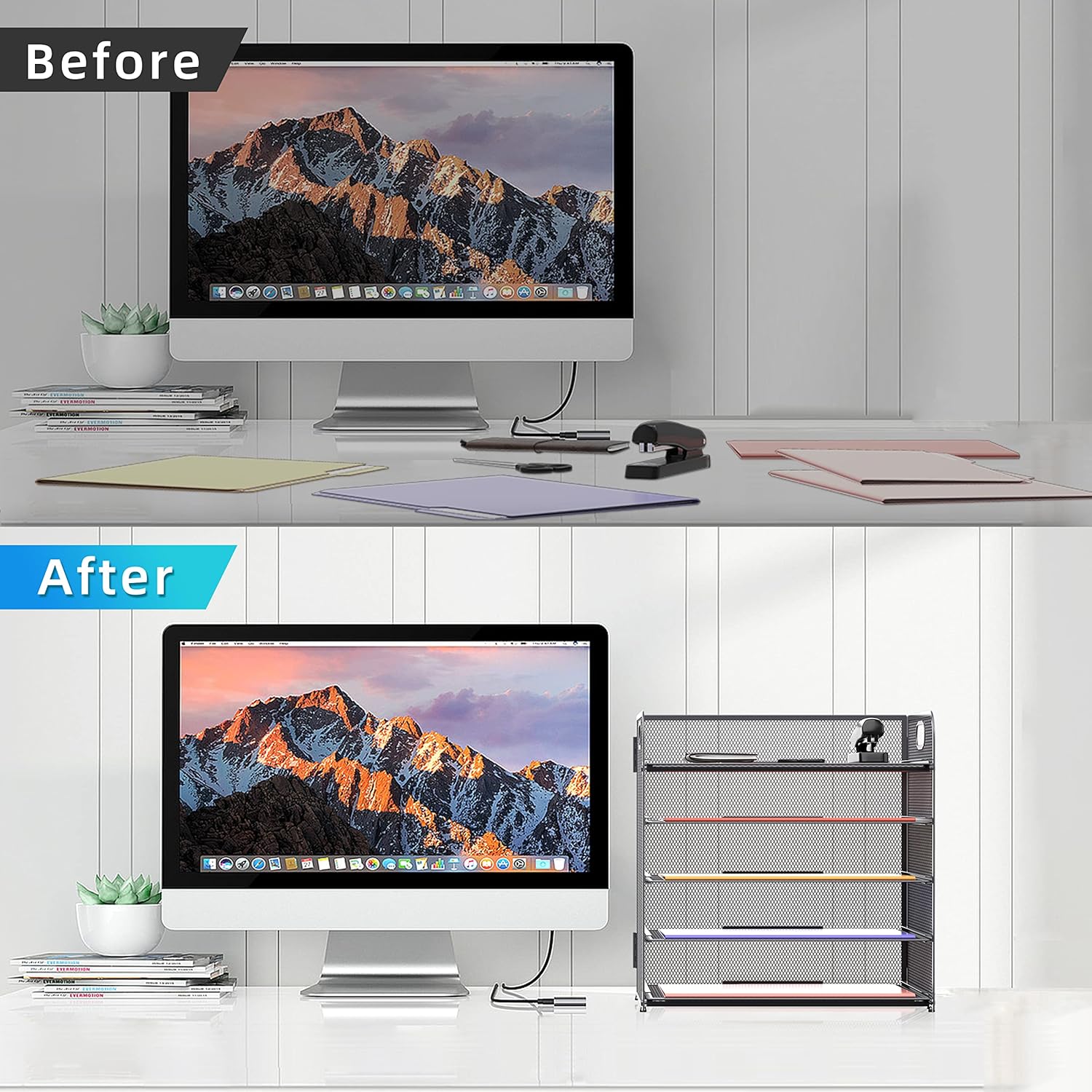 5 Trays Paper Organizer Letter Tray with Handle-Mesh Desk File Organizer, Grey Paper Sorter Desk Organizer for Office, Home or School