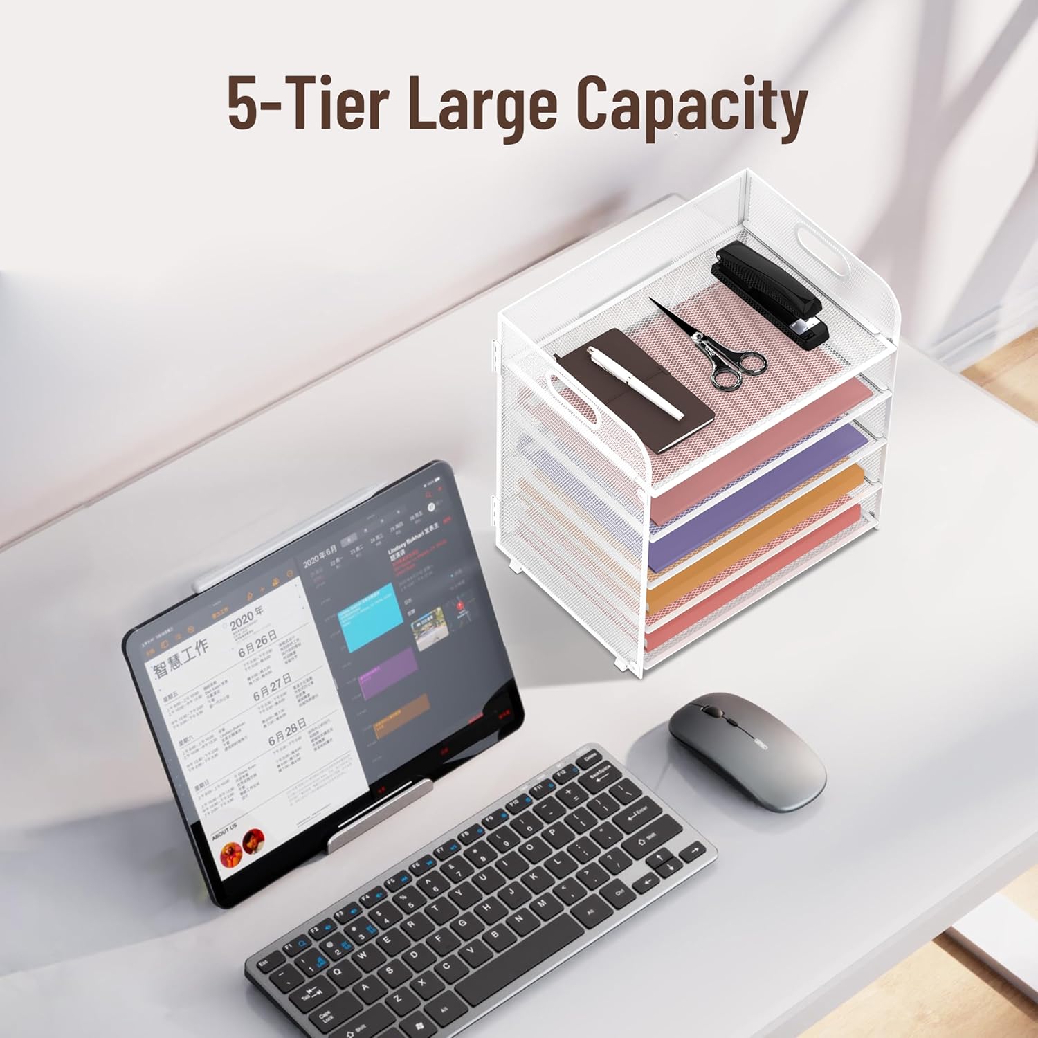 5 Trays Paper Organizer Letter Tray with Handle-Mesh Desk File Organizer, Paper Sorter Desk Organizer for Office, Home or School