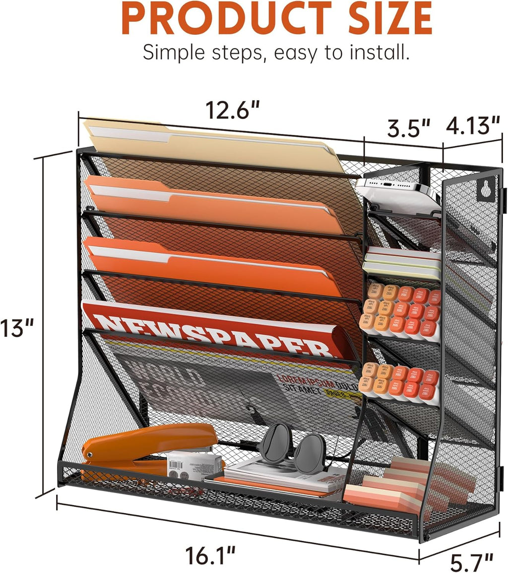 Wall File Organizer, 5-Tier Desk Organizer with 4 Pen Holders, Wall Organizer for Office with R-shaped Bottom Tray, Desk Organizers and Accessories for Office Supplies, Black