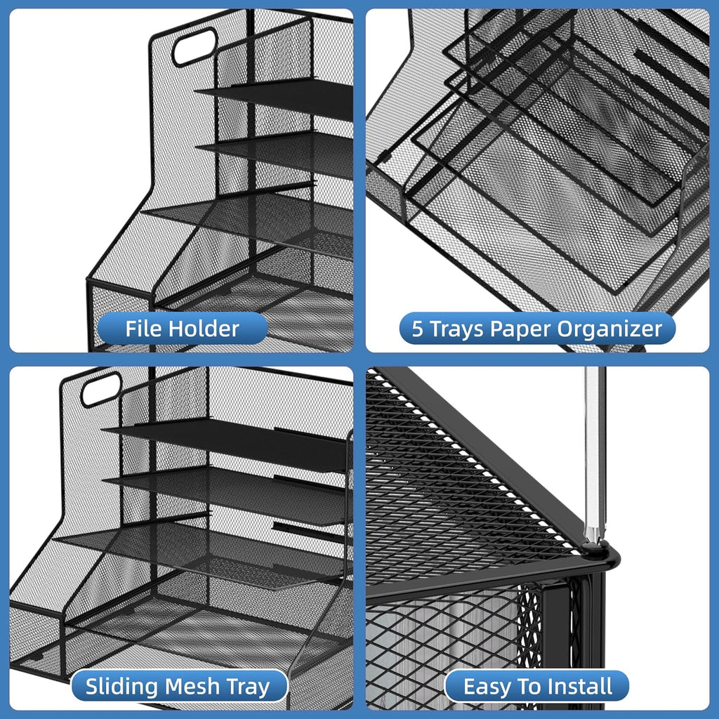 Desk Organizer with File Holder, 5-Tier Mesh Paper Letter Tray Organizer, Desktop Organizer and Storage with 3 Slot Document File Sorter for Office Supplies, Black