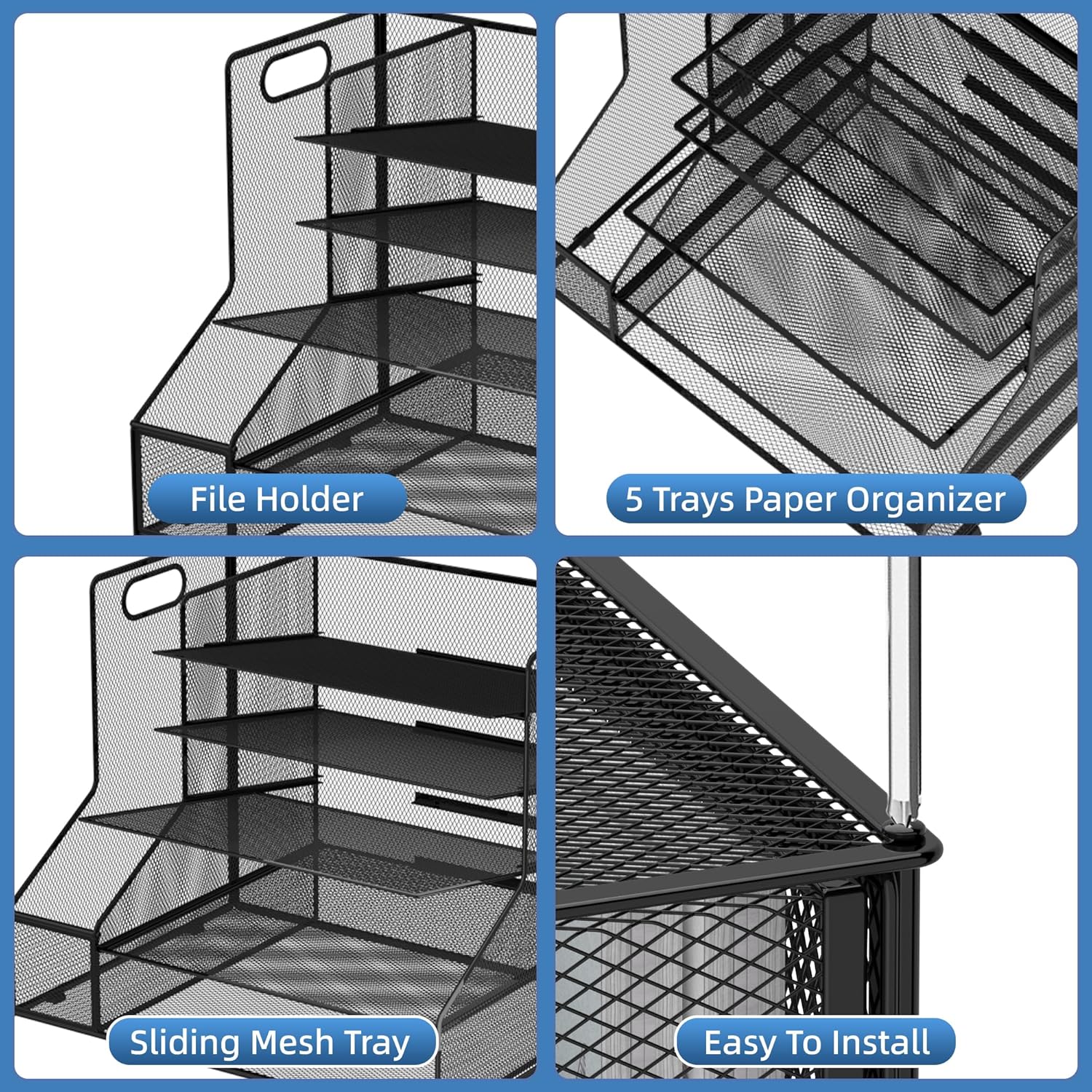 Desk Organizer with File Holder, 5-Tier Mesh Paper Letter Tray Organizer, Desktop Organizer and Storage with 3 Slot Document File Sorter for Office Supplies, Black