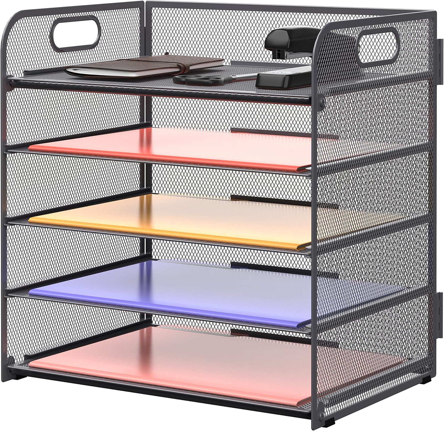5 Trays Paper Organizer Letter Tray with Handle-Mesh Desk File Organizer, Grey Paper Sorter Desk Organizer for Office, Home or School