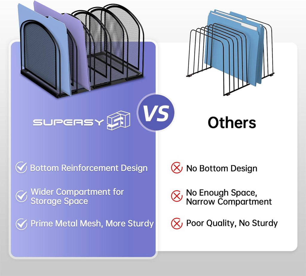 File Organizer for Desk, 5-Section Mesh Desk Organizer, Vertical File Holder Desktop Organizer File Sorter, File Folder Holder for Office Supplies, Black