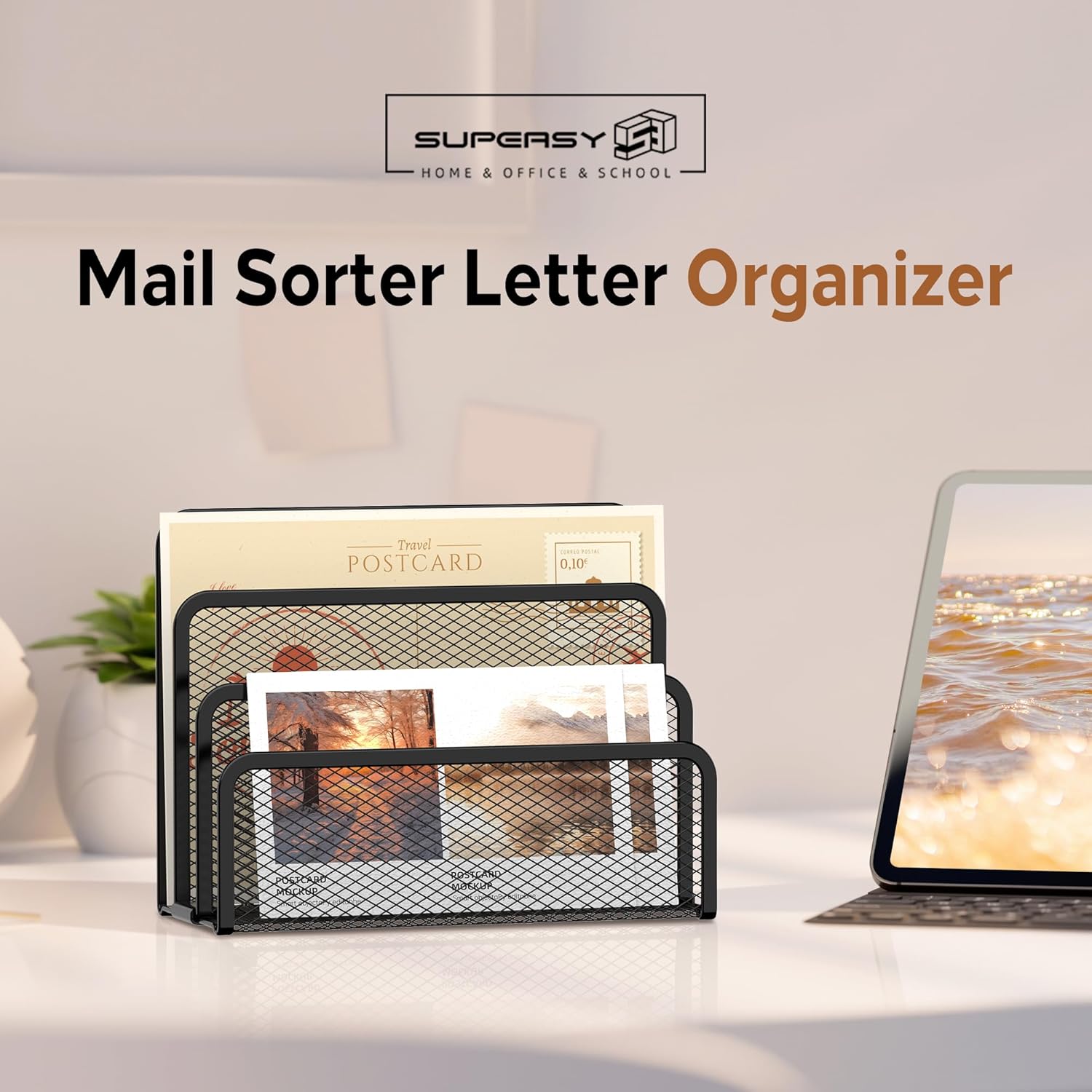 Mail Organizer for Desk, Mesh Metal Mail Holder Countertop with 3-Slot, Letter Sorter File Holder, Office Envelope Organizer for Mails (Black)