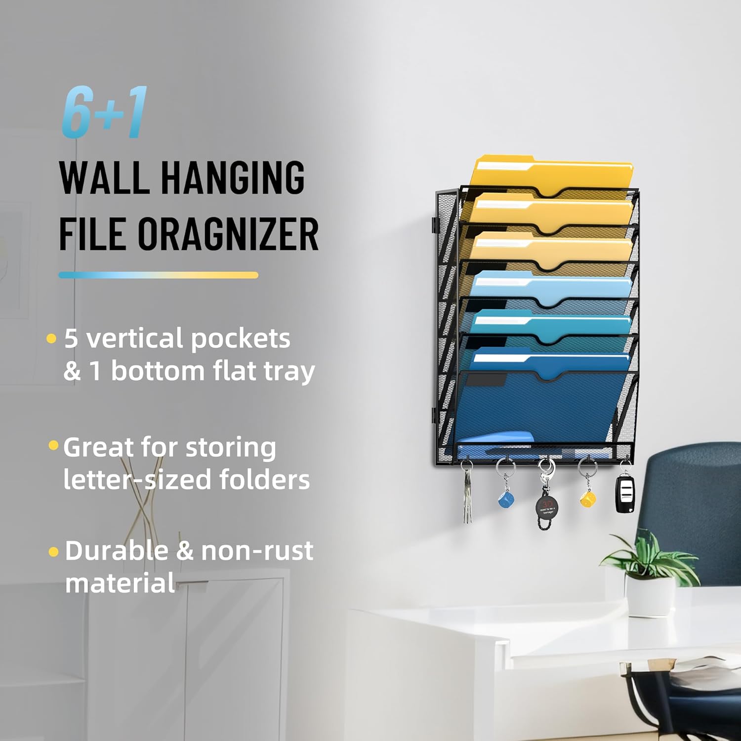 7-Tier Wall File Holder Organizer with Hooks, Mesh Hanging File Organizer, Mail Organizer Wall Mounted for Papers, Folders, Office Magazine Rack, Assembly Needed, Black
