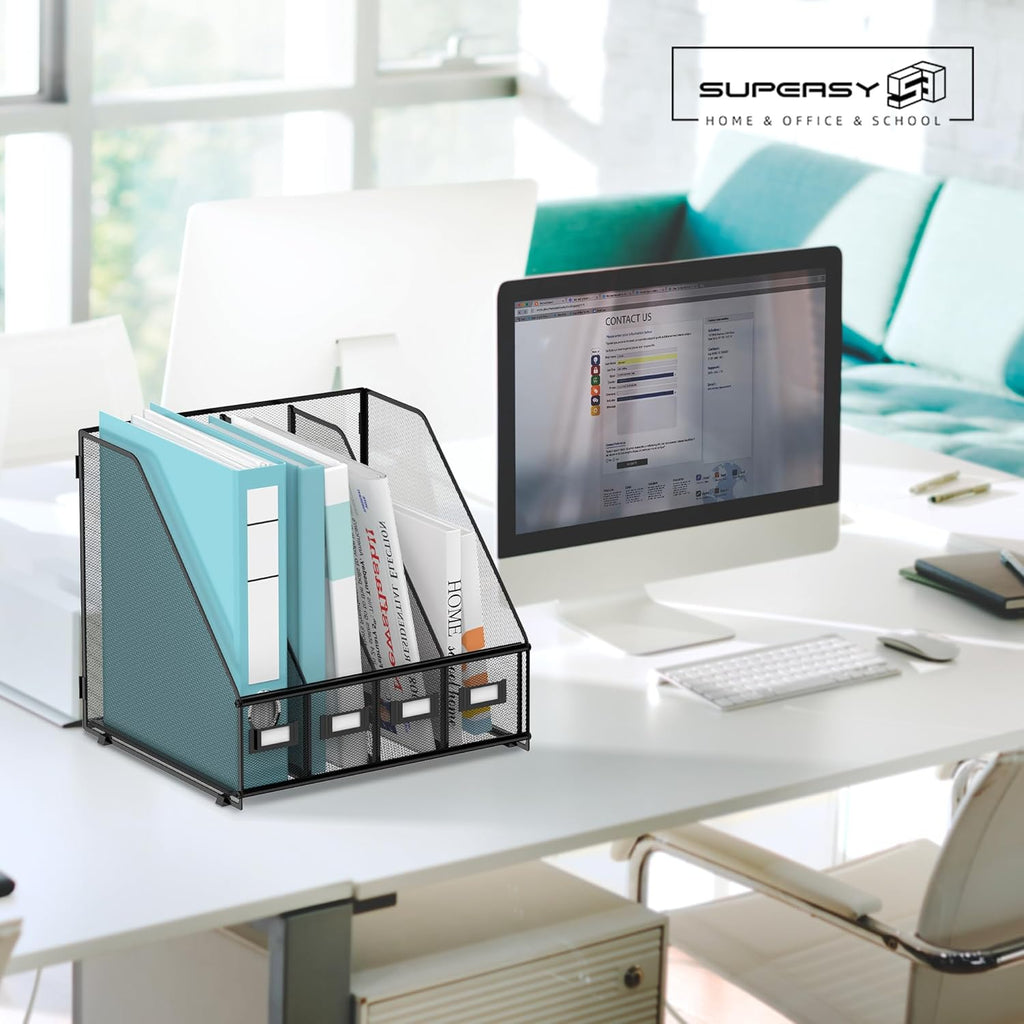 Magazine File Holder, Binder Holder Metal Desk Organizer with 4 Rack Compartments, File Organizer for Office Home School, Black Plus