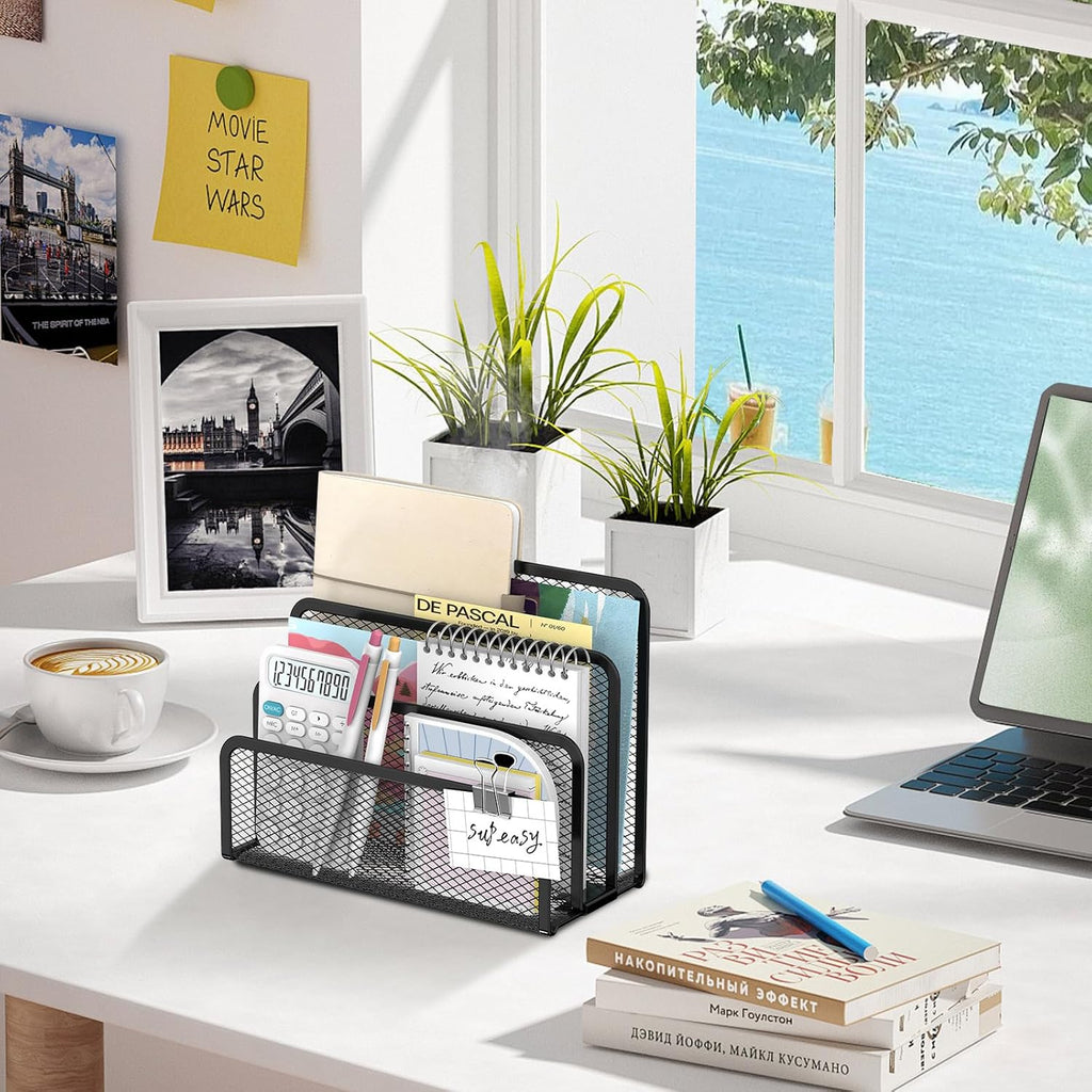 Mail Organizer for Desk, Mesh Metal Mail Holder Countertop with 3-Slot, Letter Sorter File Holder, Office Envelope Organizer for Mails (Black)