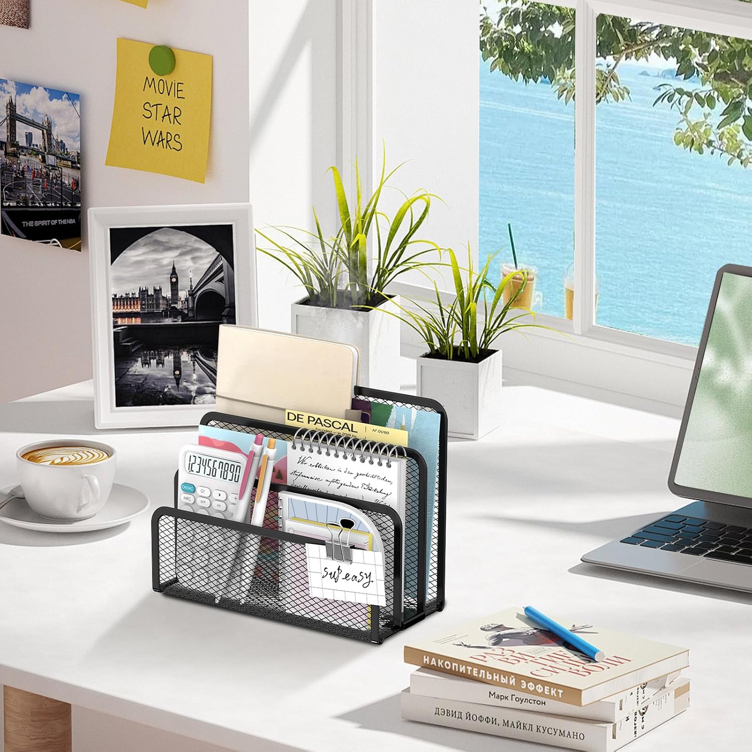 Mail Organizer for Desk, Mesh Metal Mail Holder Countertop with 3-Slot, Letter Sorter File Holder, Office Envelope Organizer for Mails (Black)