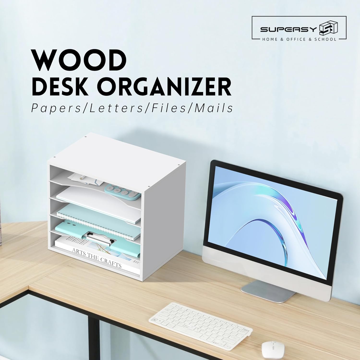 Wood Desk Organizer, 5 Tier Paper File Organizer for Desk, Wooden Desktop Organizer, Paper Letter Literature Mail Sorter, for Office School &amp; Home Organization, White