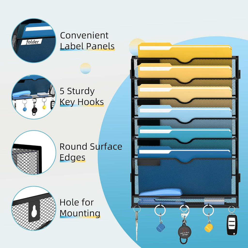 7-Tier Wall File Holder Organizer with Hooks, Mesh Hanging File Organizer, Mail Organizer Wall Mounted for Papers, Folders, Office Magazine Rack, Assembly Needed, Black