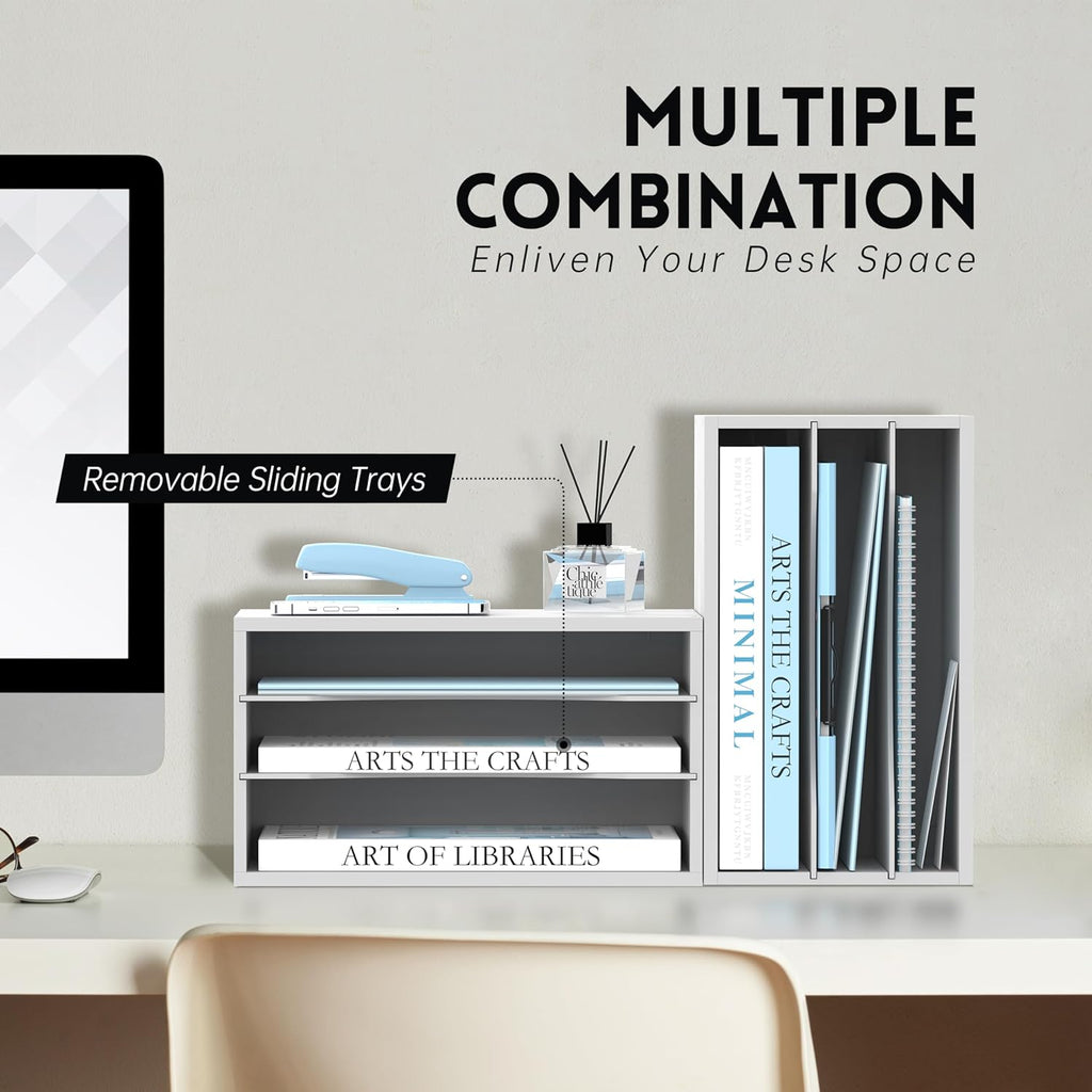 Wood Desk Organizer, 3 Tier Paper File Organizer for Desk, Wooden Desktop Organizer, Paper Letter Literature Mail Sorter, for Office School &amp; Home Organization, White