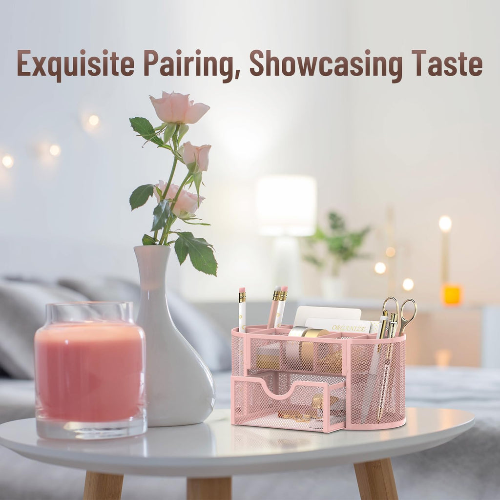 Mesh Desk Organizer, Desk Accessories &amp; Workspace Organizers with Drawers, Pencil Holder for Desk with 9 Compartments for Office Suppliess, 8.6 x 4.3 x 4.1 Inch, Pink