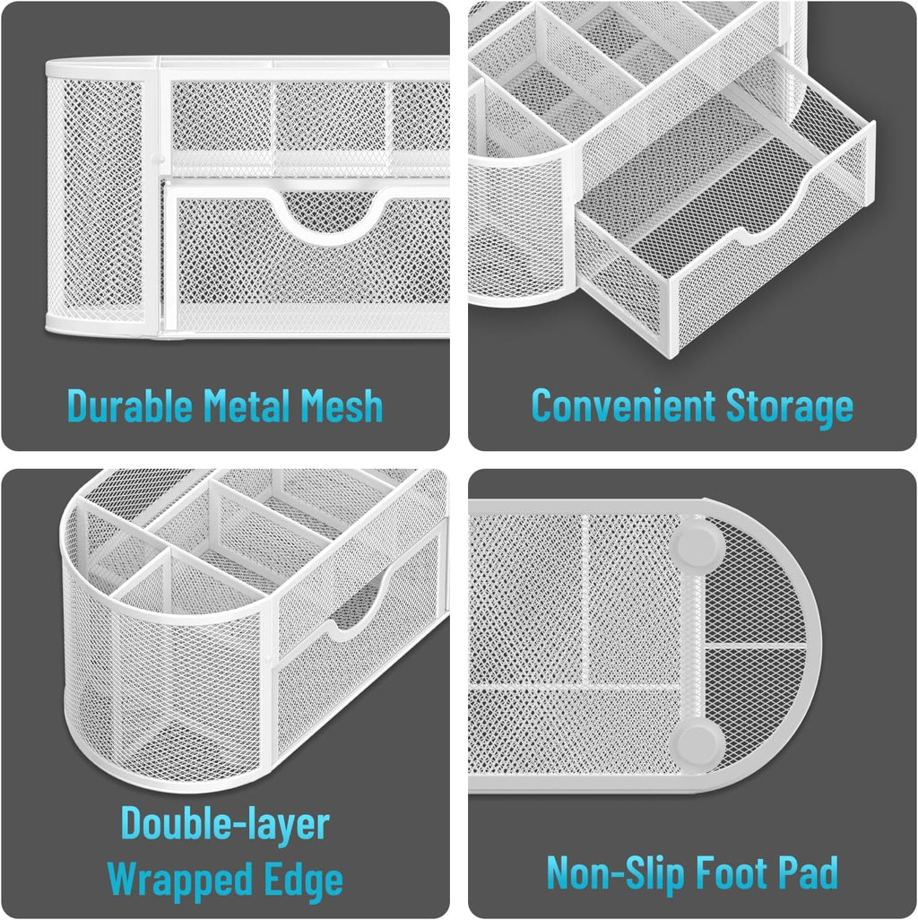 Mesh Desk Organizer, Desk Accessories &amp; Workspace Organizers with Drawers, Pencil Holder for Desk with 9 Compartments for Office Suppliess, 8.6 x 4.3 x 4.1 Inch, White
