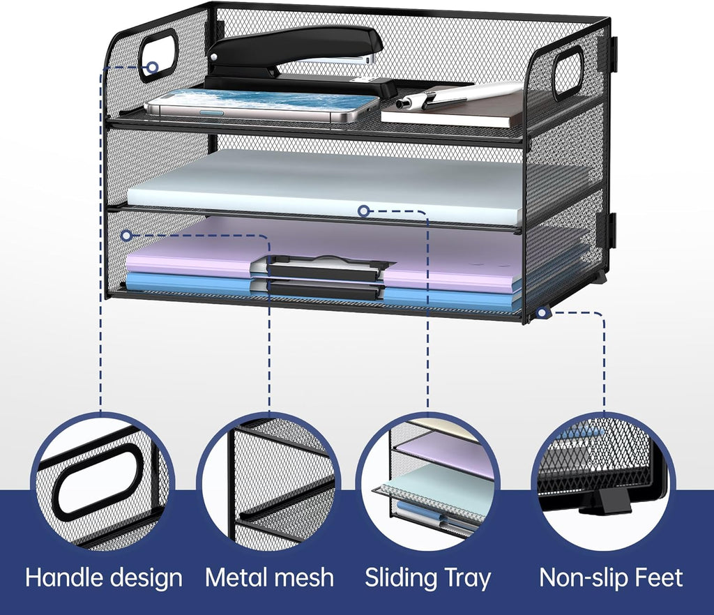 3 Tier Paper Organizer with Handle, Mesh Desk Organizer Letter Tray, Paper Tray File Organizer for A4 File Folder, Black