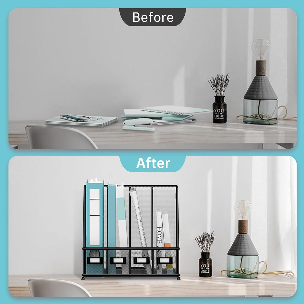 Magazine File Holder, Binder Holder Metal Desk Organizer with 4 Rack Compartments, File Organizer for Office Home School, Black Plus