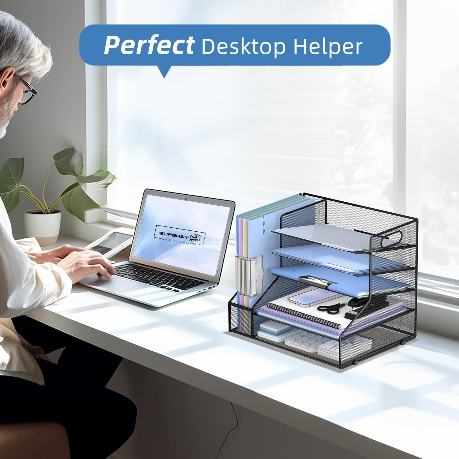 Desk Organizer with File Holder, 5-Tier Mesh Paper Letter Tray Organizer, Desktop Organizer and Storage with 3 Slot Document File Sorter for Office Supplies, Black