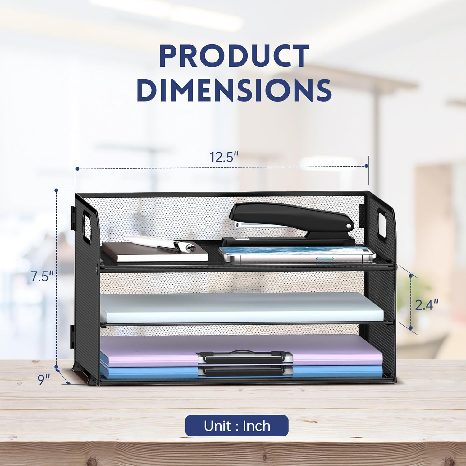 3 Tier Paper Organizer with Handle, Mesh Desk Organizer Letter Tray, Paper Tray File Organizer for A4 File Folder, Black