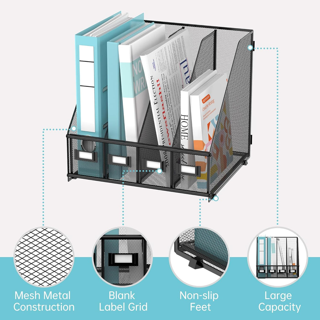 Magazine File Holder, Binder Holder Metal Desk Organizer with 4 Rack Compartments, File Organizer for Office Home School, Black Plus