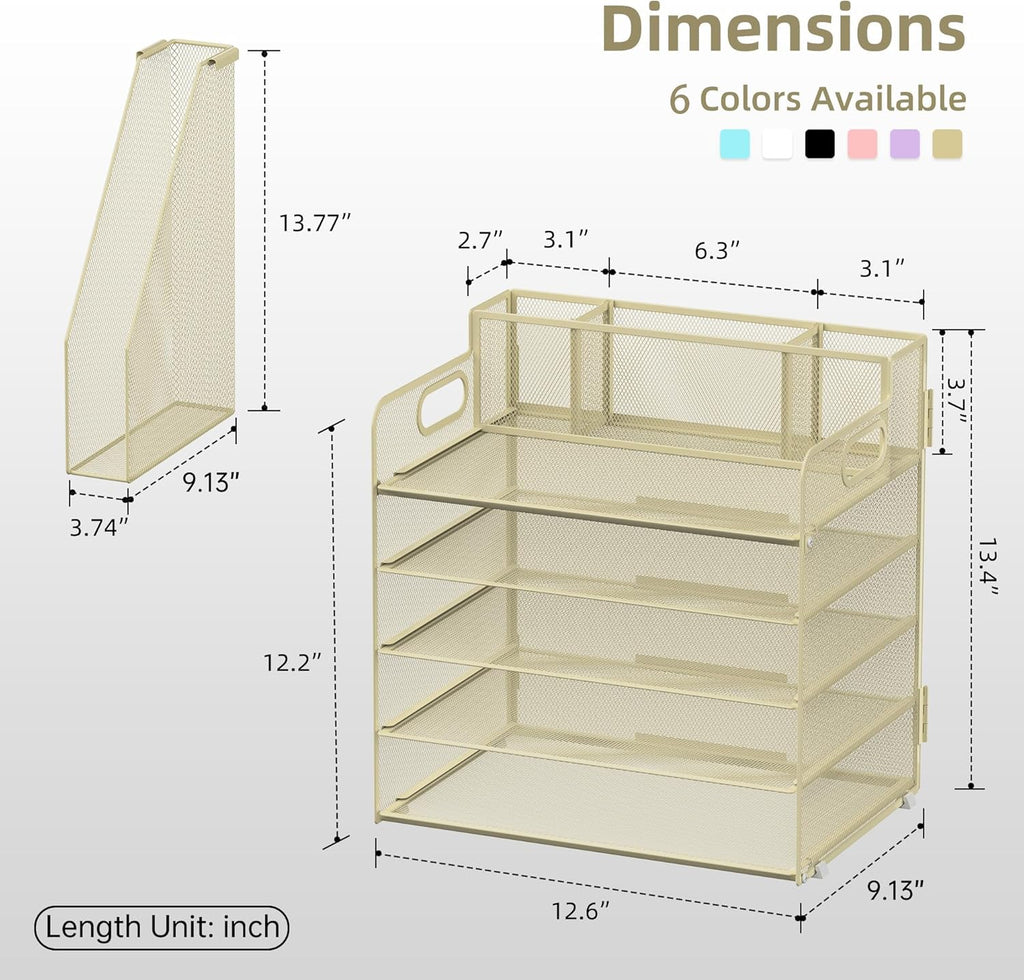 Desk Organizer with File Holder, 5 Tier Desktop File Organizer with 3 Pen Holders, Paper Letter Tray for Office Home Organization &amp; Storage, Mesh Desk Accessories &amp; Supplies, Golden Yellow