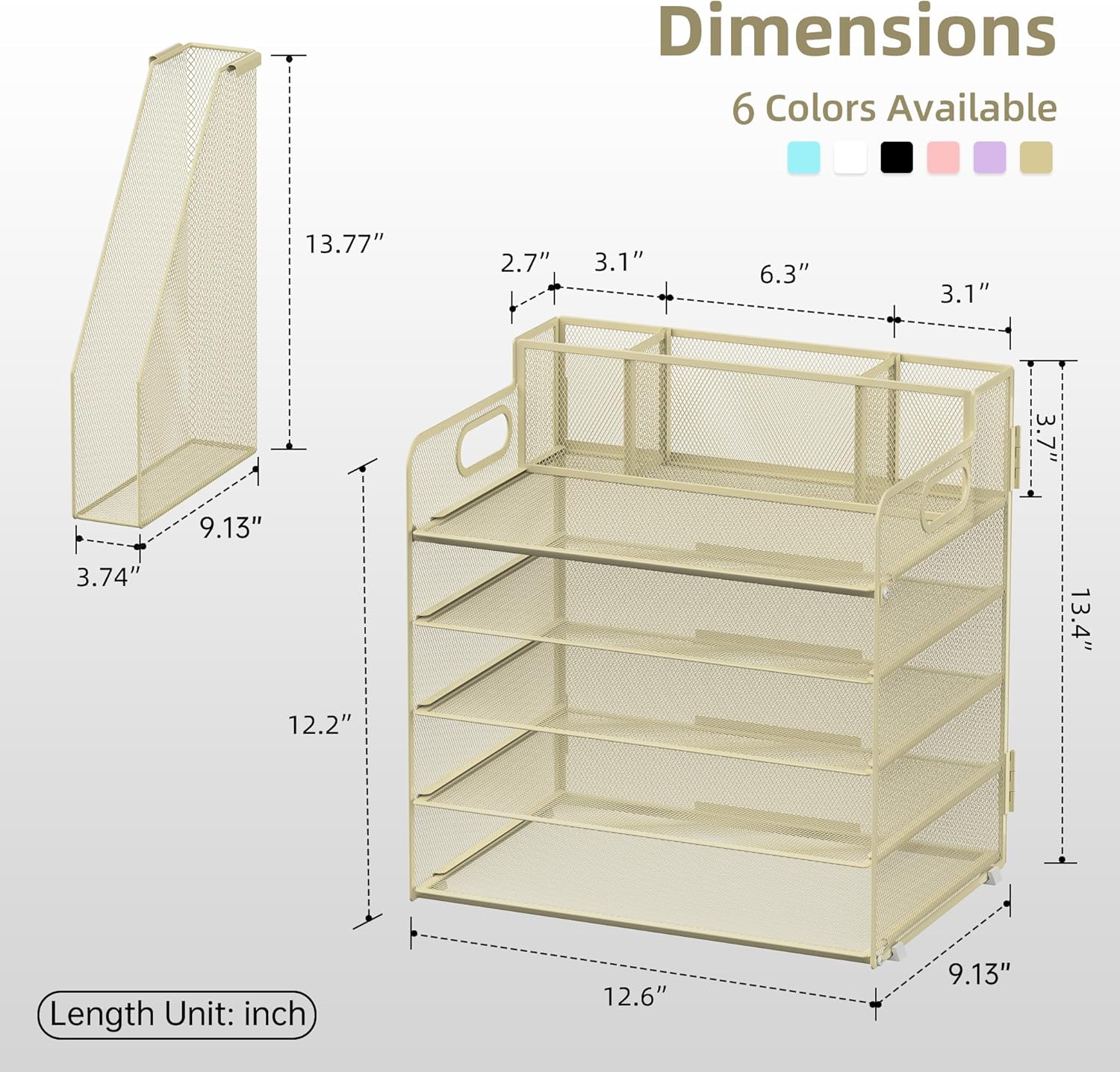 Desk Organizer with File Holder, 5 Tier Desktop File Organizer with 3 Pen Holders, Paper Letter Tray for Office Home Organization &amp; Storage, Mesh Desk Accessories &amp; Supplies, Golden Yellow