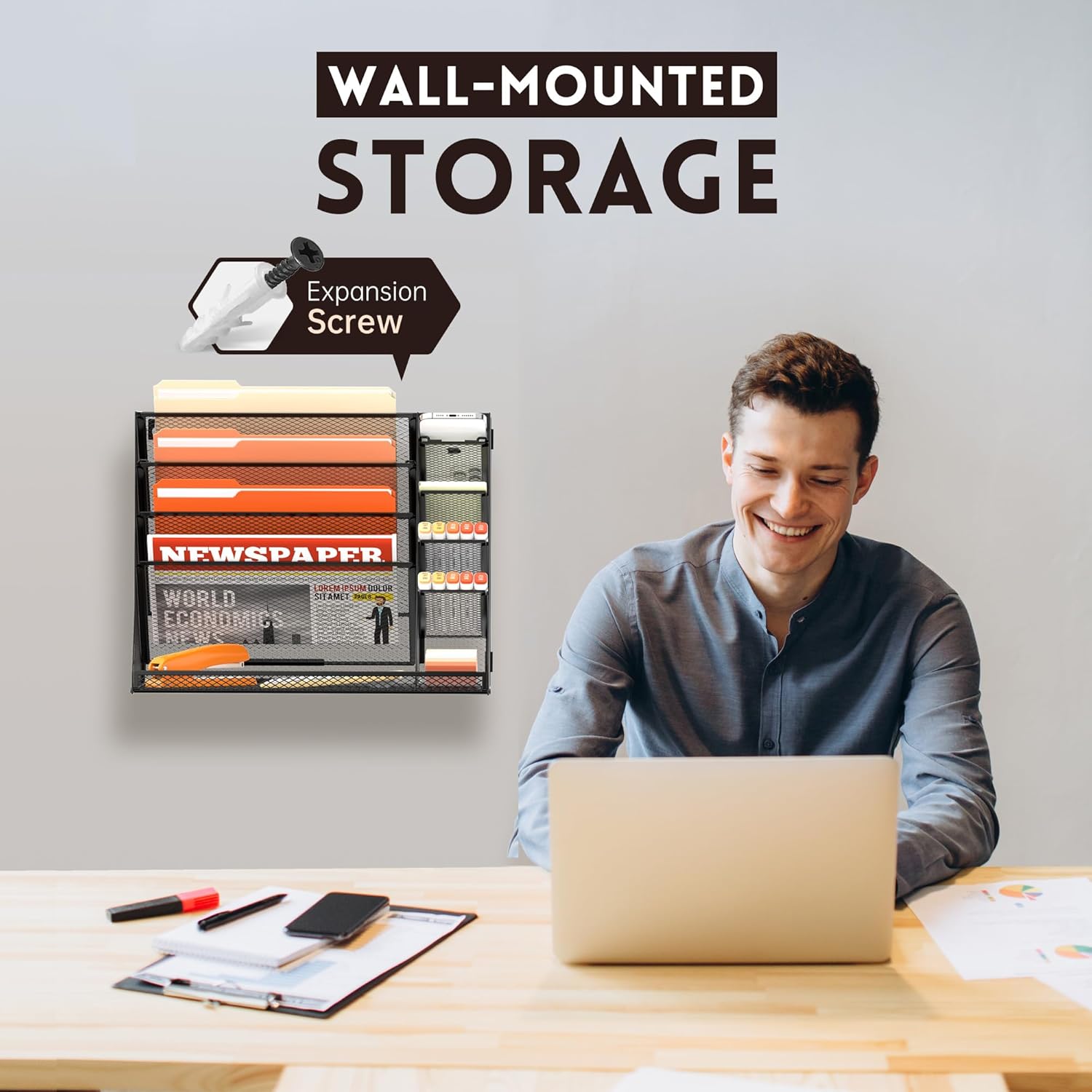 Wall File Organizer, 5-Tier Desk Organizer with 4 Pen Holders, Wall Organizer for Office with R-shaped Bottom Tray, Desk Organizers and Accessories for Office Supplies, Black