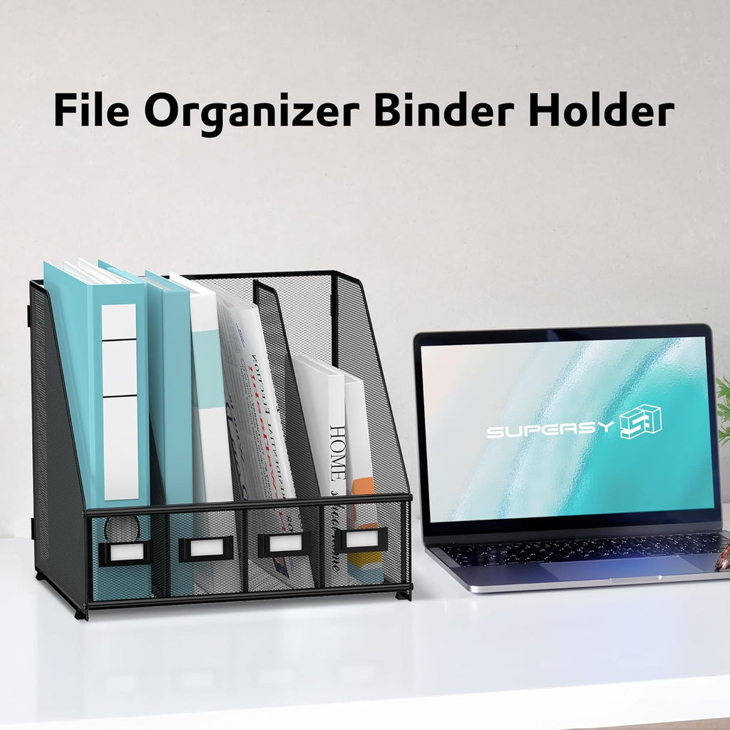 Magazine File Holder, Binder Holder Metal Desk Organizer with 4 Rack Compartments, File Organizer for Office Home School, Black Plus