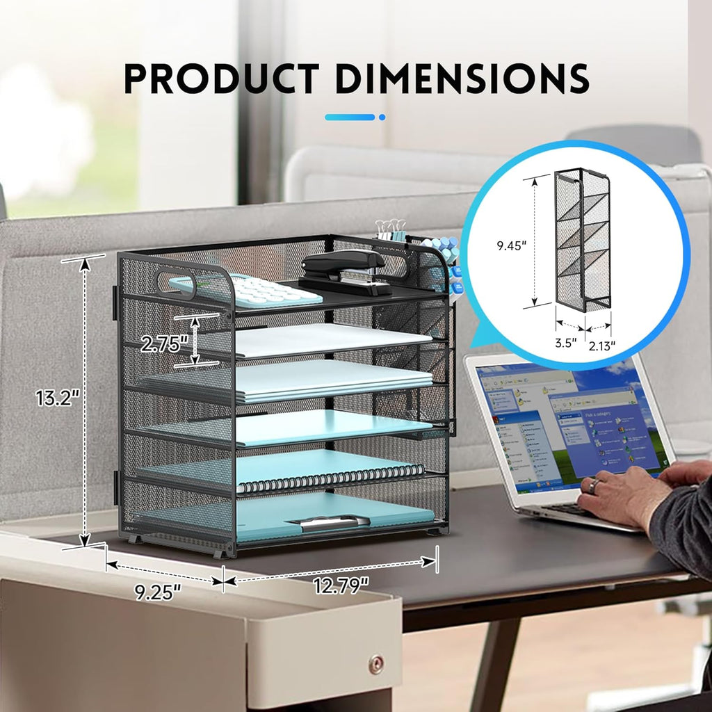 6 Tier Paper Organizer with 4 Pen Holders, Mesh Desk Letter Tray with Handle, A4 File Folder Organizer, Black