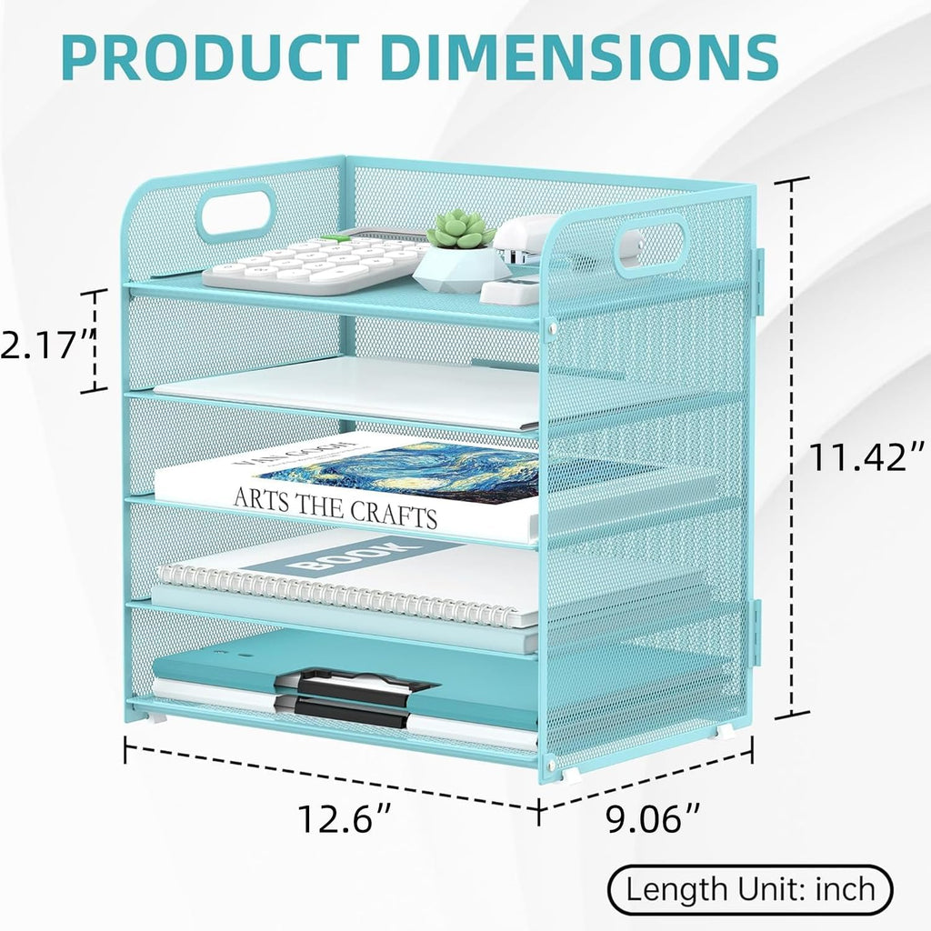 5 Trays Paper Organizer Letter Tray with Handle-Mesh Desk File Organizer, Paper Sorter Desk Organizer for Office, Home or School (Light Blue)