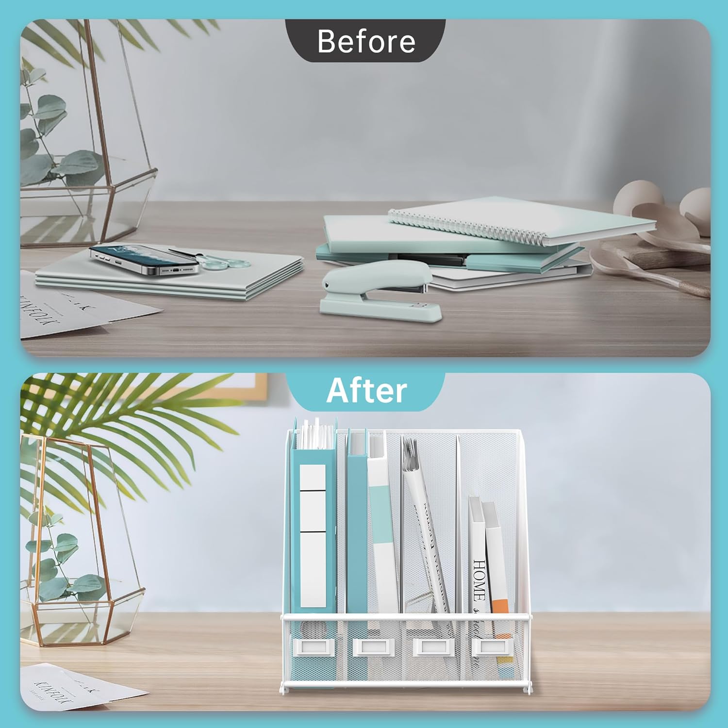 Magazine File Holder, Binder Holder Metal Desk Organizer with 4 Rack Compartments, File Organizer for Office Home School, White Plus