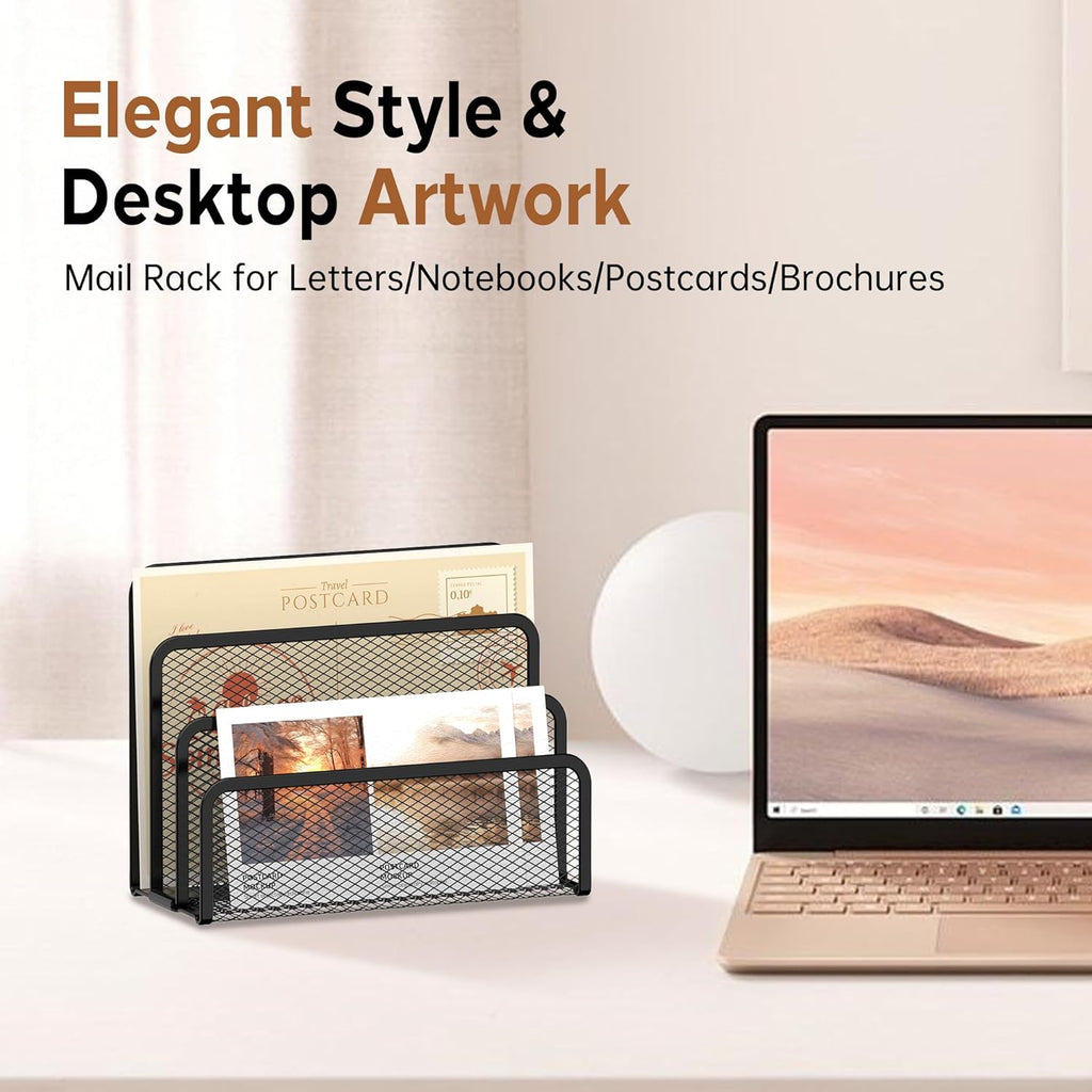 Mail Organizer for Desk, Mesh Metal Mail Holder Countertop with 3-Slot, Letter Sorter File Holder, Office Envelope Organizer for Mails (Black)