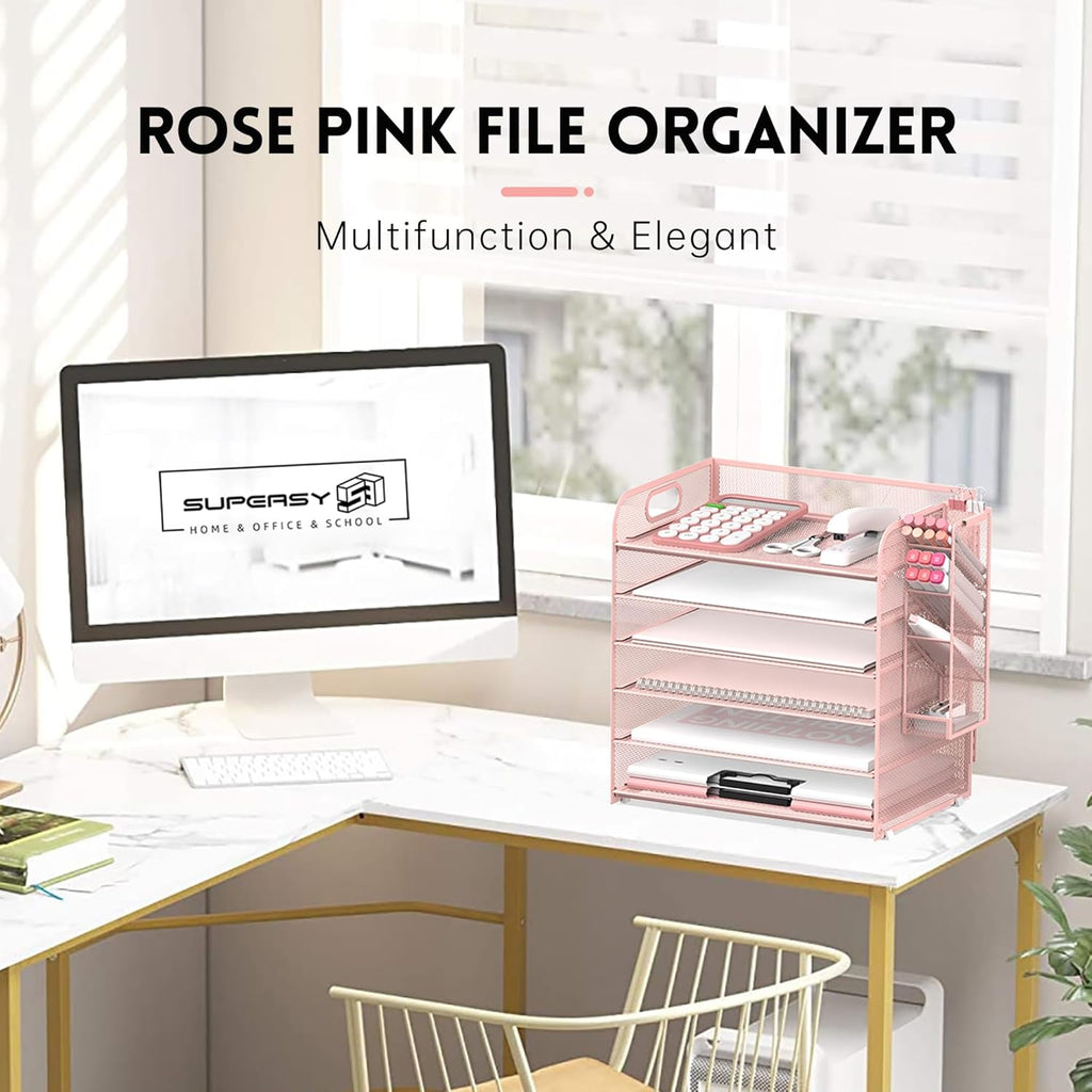 6 Tier Paper Organizer With 4 Pen Holders, Mesh Desk Letter Tray With Handle, File Organizer for A4 Folder, Rose Pink